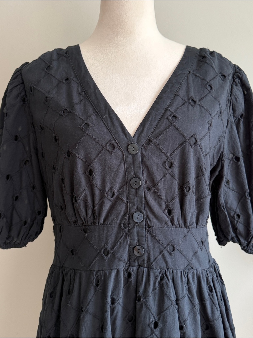 A New Day Midi Dress Cotton Eyelet Pockets Black Cottage Prairie Size L - Picture 5 of 9